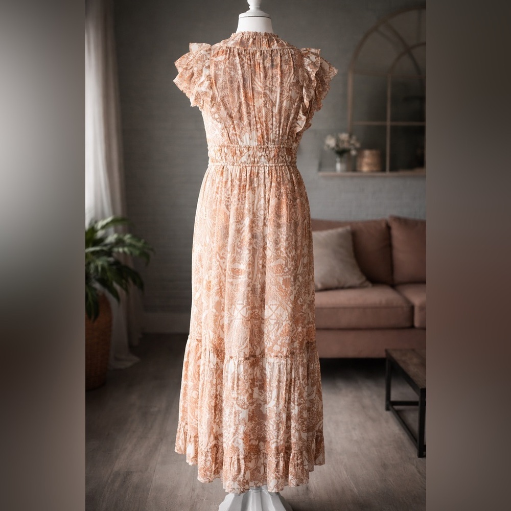Ulla Johnson Blush Tan Paisley Ruffle Midi Dress - Picture 4 of 15